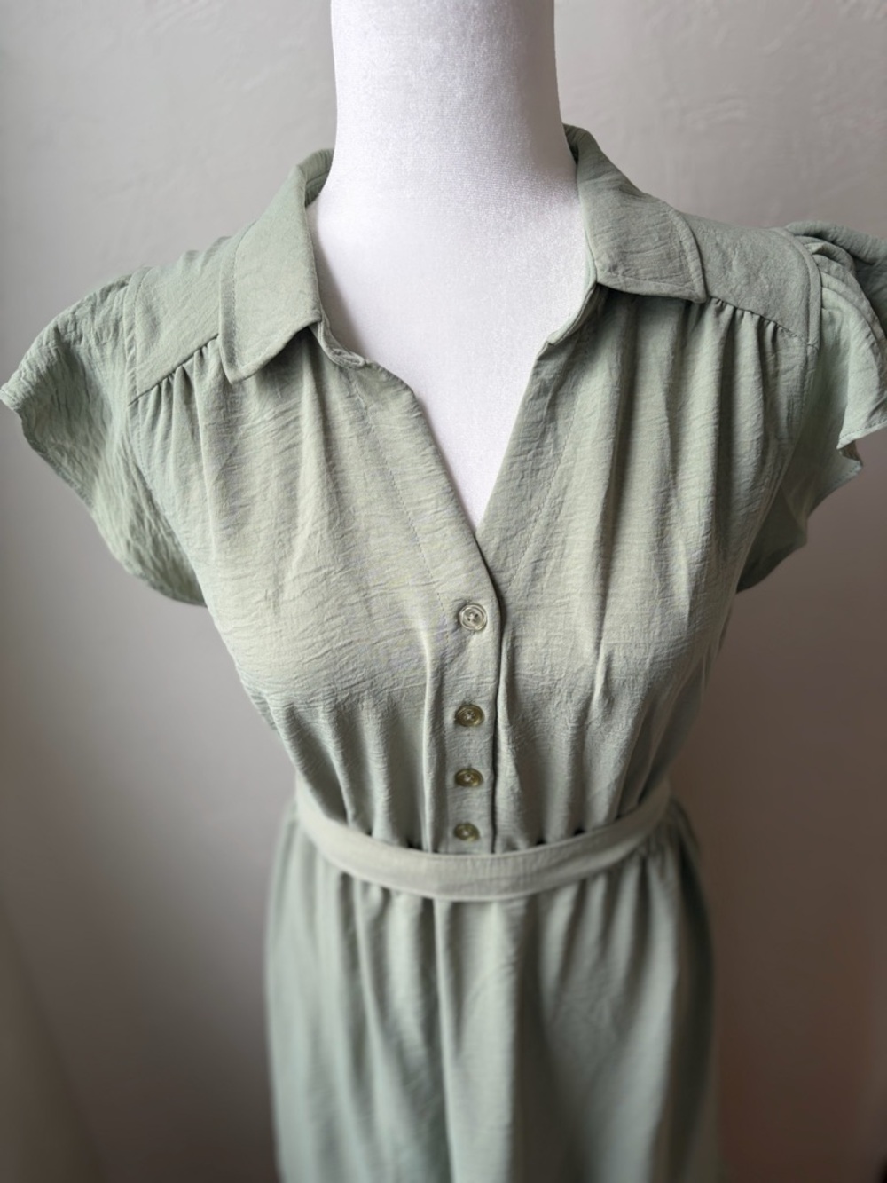 Lucky Brand Sage Green Midi Dress Flutter Sleeve Tie Waist Medium - Picture 3 of 9